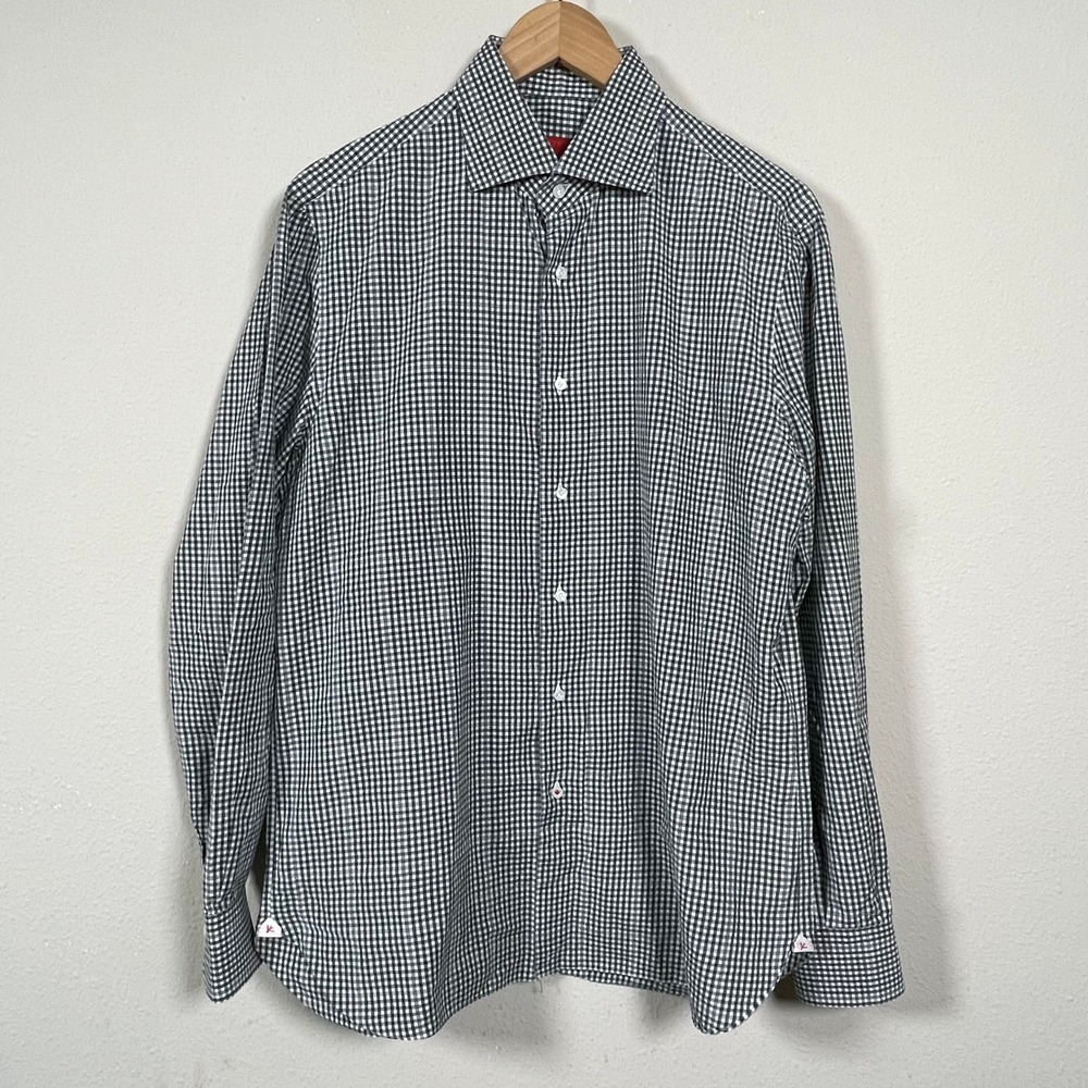 Isaia Napoli Italy Dress Shirt Mens 16 Green Gingham Check Long Sleeve L